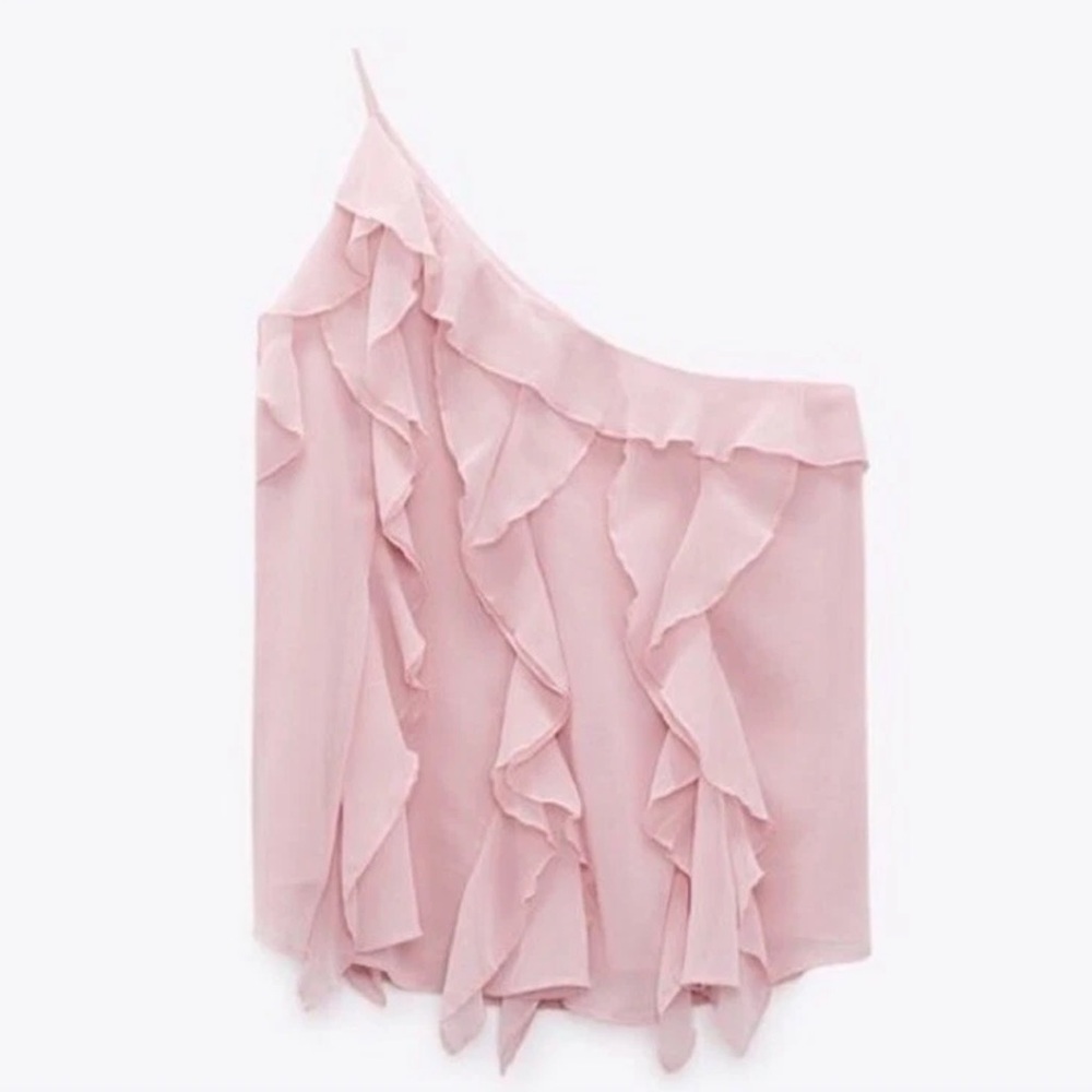 Zara Pink Ruffled One-Shoulder Top - Picture 5 of 6